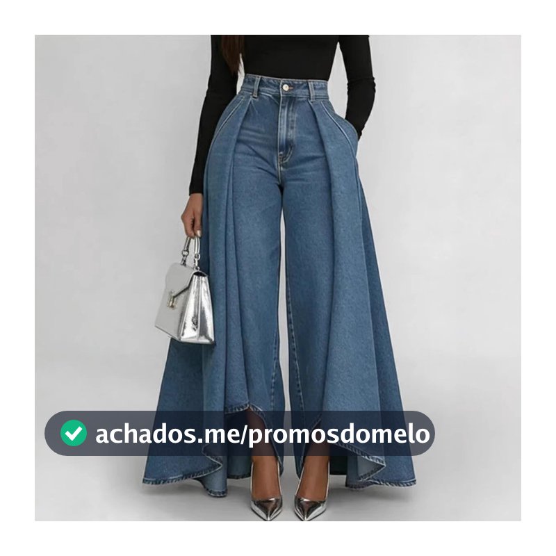 Novo estilo grande bainha longa cor sólida Casual imitação Denim impressão botão calças retas