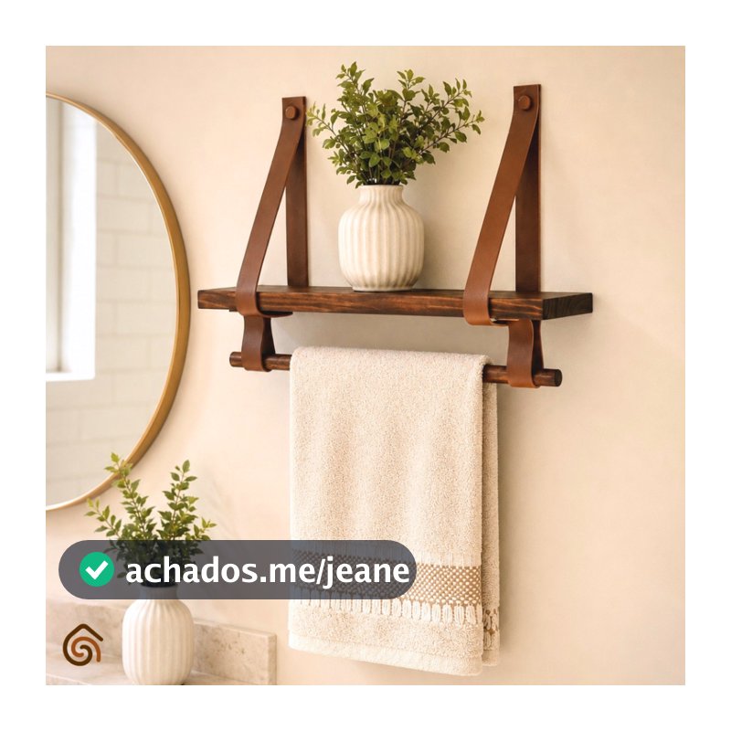 Prateleira Suporte Para Toalha Madeira Envernizada e Couro Decoração Banheiro Rústico | Casa Madêco