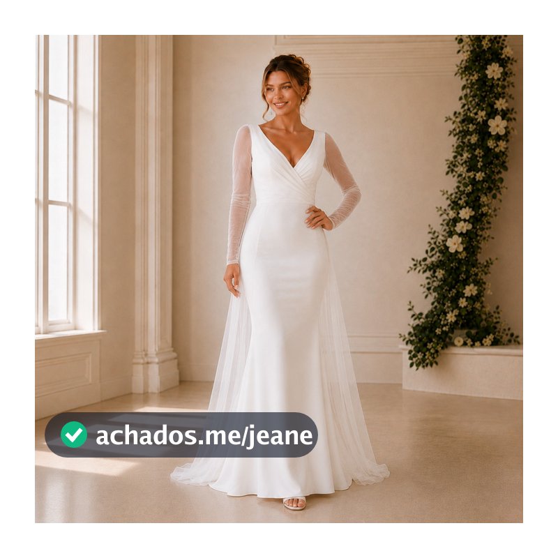 Vestido Noiva Longo Tule Decote V Mangas Transparentes Racy Modas Branco Manga longa Elegante, Romântico, Princesa Festa