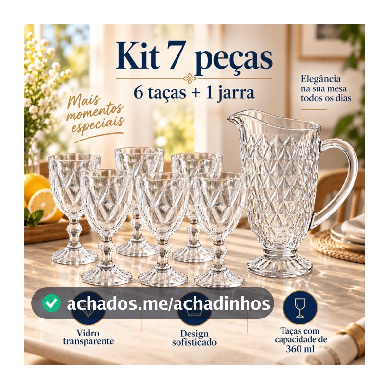 Kit 7 Peças Taças Diamond 360ml + Jarra Diamante 1,2L Para Água Suco Bico Jaca Abacaxi Transparente