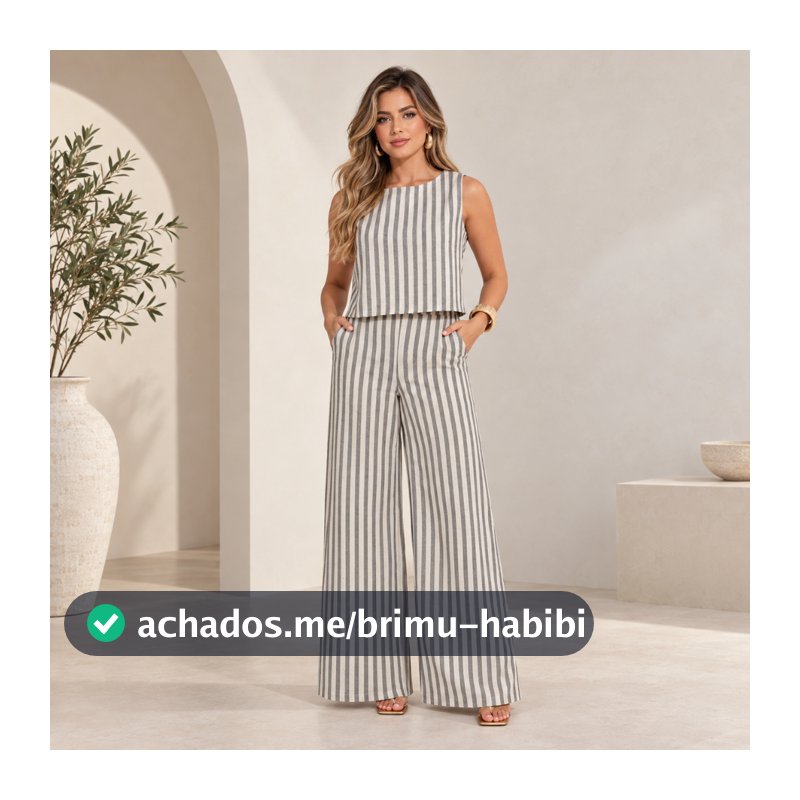 Conjunto Feminino Linho Premium Listrado | Pantalona Alfaiataria Elegante Verão Moda Feminina