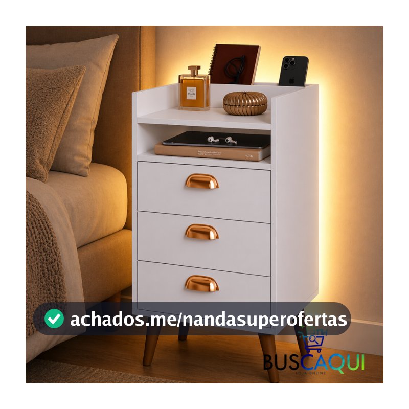 Mesa de Cabeceira Retrô 3 Gavetas Plus Organizadora Com Porta Celular Quarto Moderno Heloisa