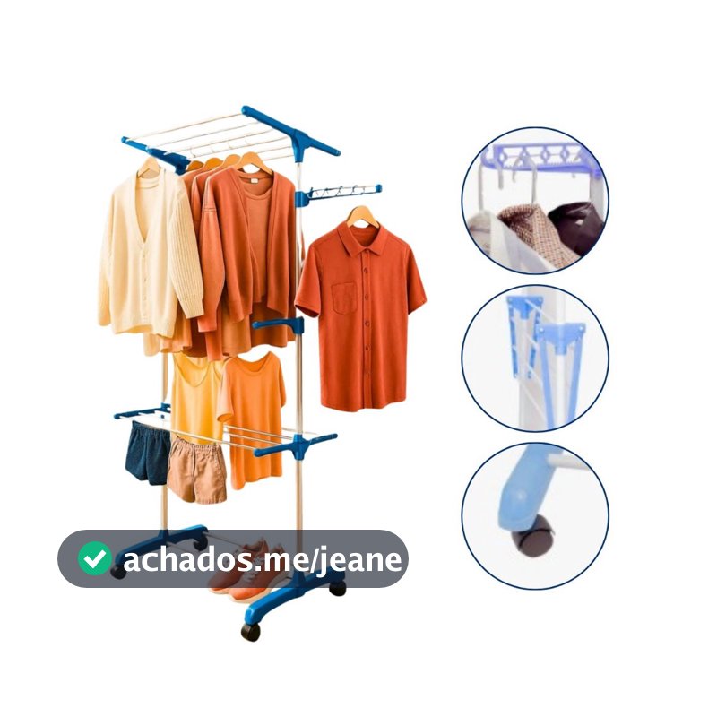 Varal De Chão Roupas Retrátil Dobrável 3 Andares 4 Rodas Aço Vertical Inox Grande De Pé