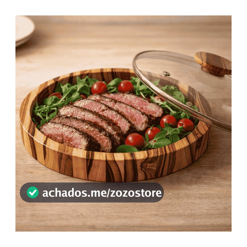 Gamela Madeira Redonda 31Cm Churrasco Saladeira Tampa Vidro