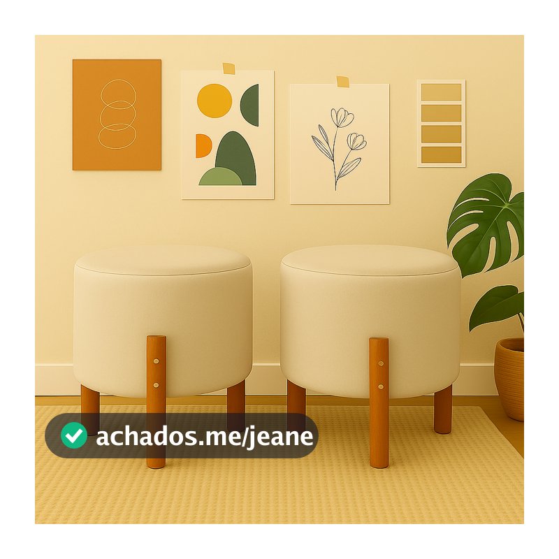 Kit 2 Puffs Banquinho Decorativo Redondo Suede Luxo Pés em Madeira Maciça - Nosso Canto