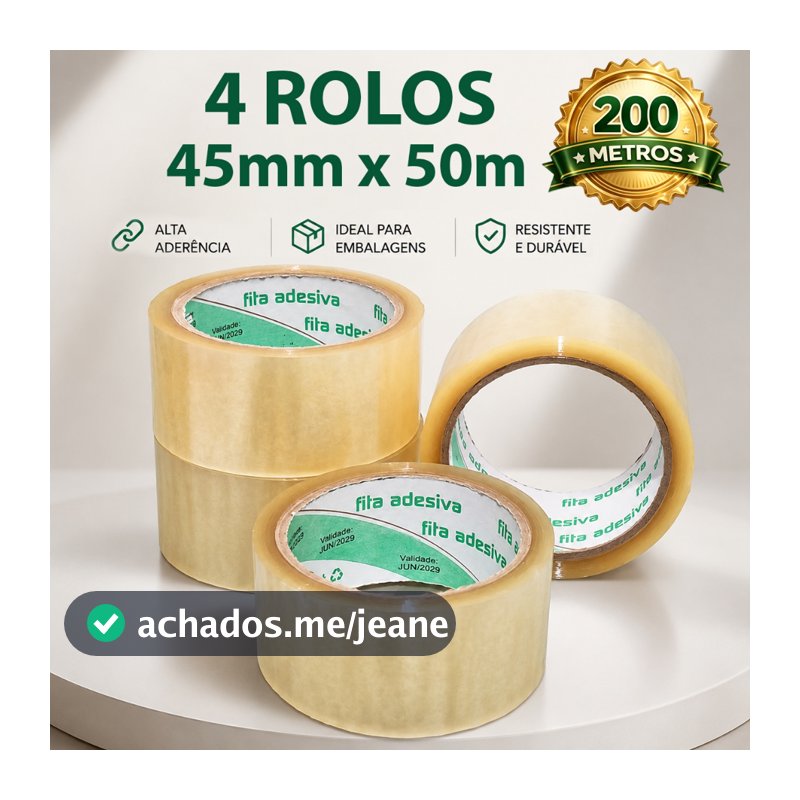 Kit 4 Fita Adesiva 50 Metros Transparente Durex Larga 45mm x 50m, para Embalar Caixa Empacotamento