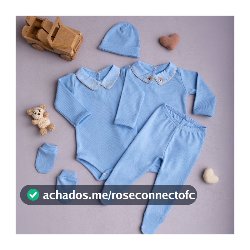 Kit 4 Peças Saída Maternidade Bebê Menino Azul Body Touca Calça Mijão Luvas 100% Algodão