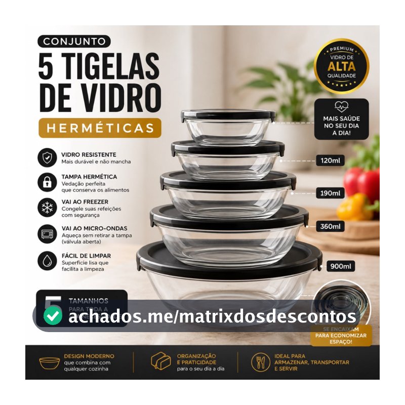 Conjunto Tigela Vidro Bowl Marmita Tampa 5 Peças Herméticos Cozinha Refeições