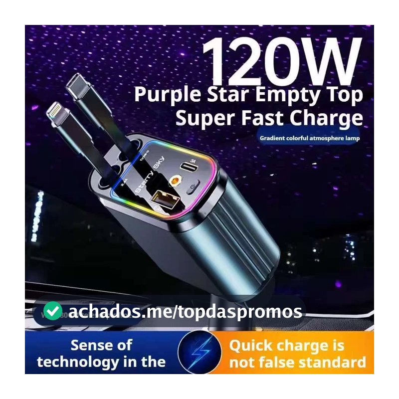 Carregador de carro retrátil com luz LED, carregador de carro rápido 4 em 1 de 120 W para iPhone e Android