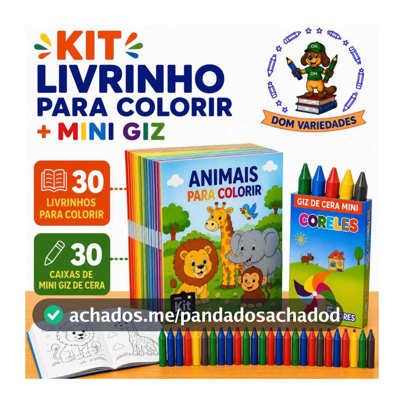 Kit Mini Giz + Mini Livro para Colorir | 5,10,15,20 ou 30 kits | Lembrancinha Infantil Escolar Festa Livrinho