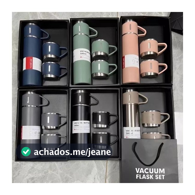 caneca Kit Garrafa Térmica Vacuum Bottle Inox 500ml + 3 Xícaras Bebidas Fria ou Quente