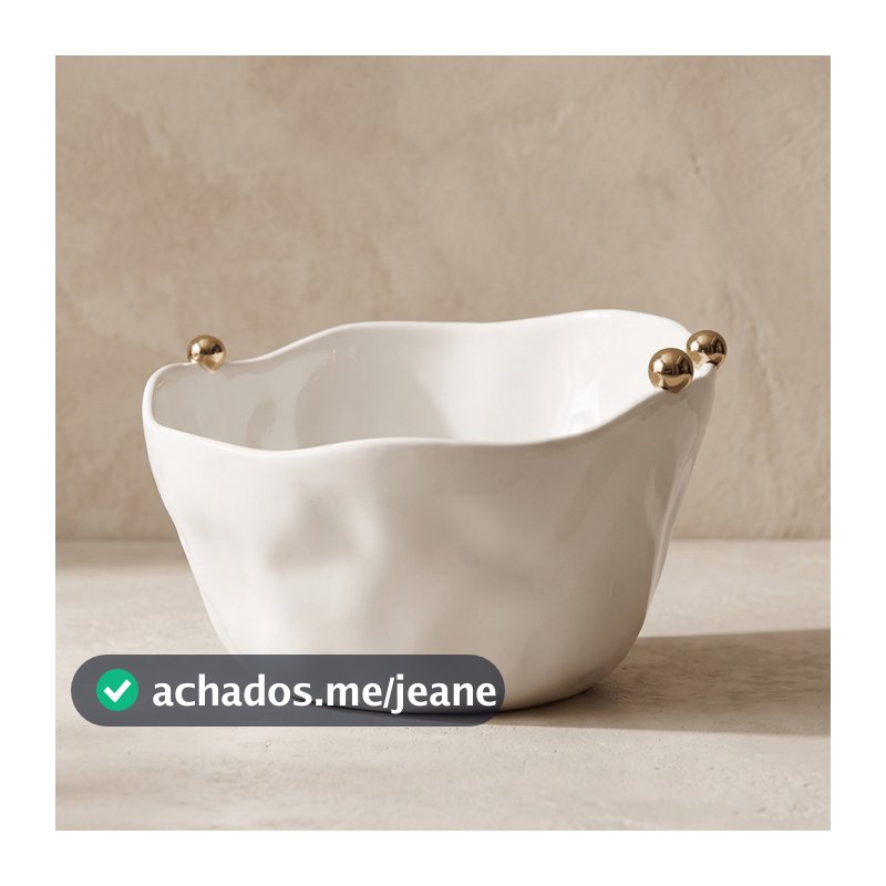 Bowl Saladeira em Porcelana Branca com Esferas Douradas 20x19,5x12,5cm