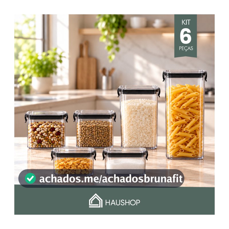 Potes Herméticos Kit 6 Unidades Plásticos Haushop BPA Free Para Alimentos Porta Mantimentos Organizador Cozinha