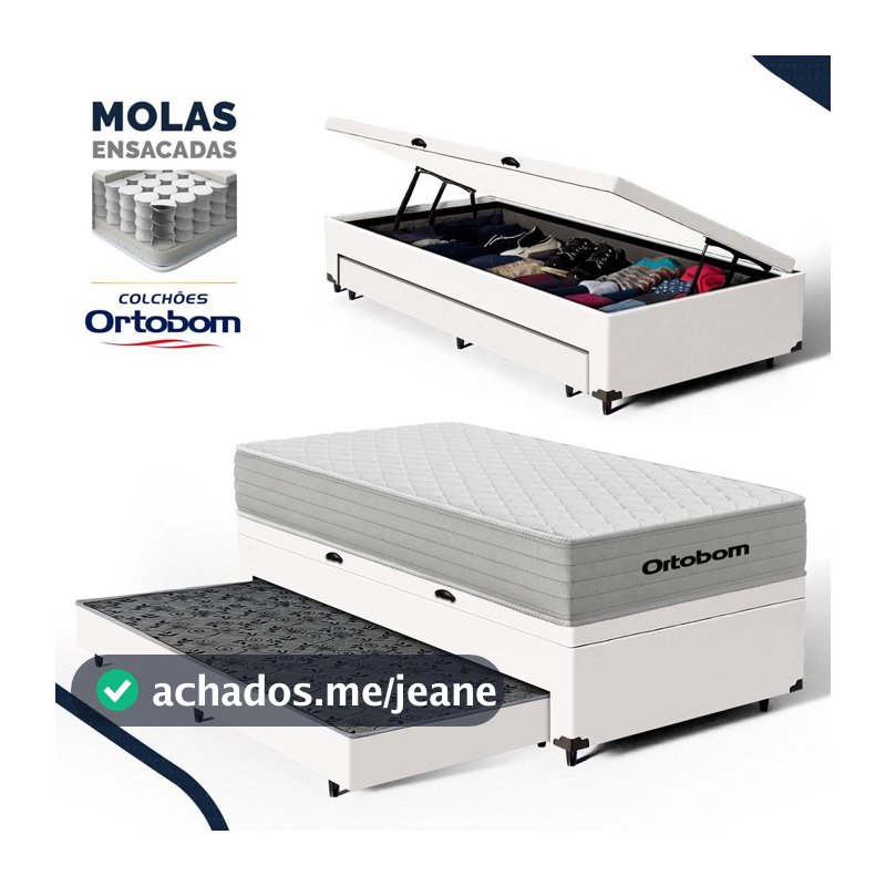 Box Baú + Colchão Molas Ensacadas Ortobom OneFace Plenno Superpocket + Auxiliar Espuma Solteiro 88cm