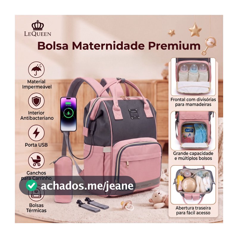 Mochila Bolsa Maternidade Bebê Lequeen Porta Mamadeira Térmico