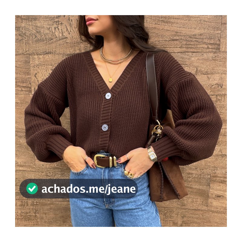 Cardigan Feminino Trico Acabamento Superior Grosso Encorpado Manga Bufante Casaco Botões Inverno