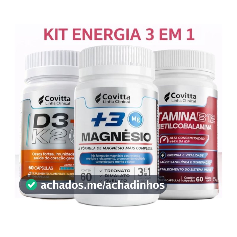 Kit Vitaminas B12 + Vitamina D3 K2 + Magnésio 3 em 1 | 180 Cápsulas - Saúde Completa | Covitta