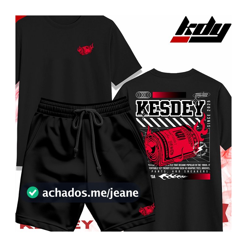 KIT Camiseta Streetwear Masculina Feminina 100% Algodão e Bermuda Mauricinho Estampa KESDEY DOLLAR
