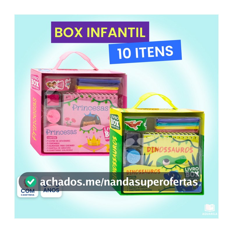 Livro Box Divertido Infantil c/ 10 Itens | Princesa Dinossauros Animais Unicórnios Escolinha | Atividade para Criança