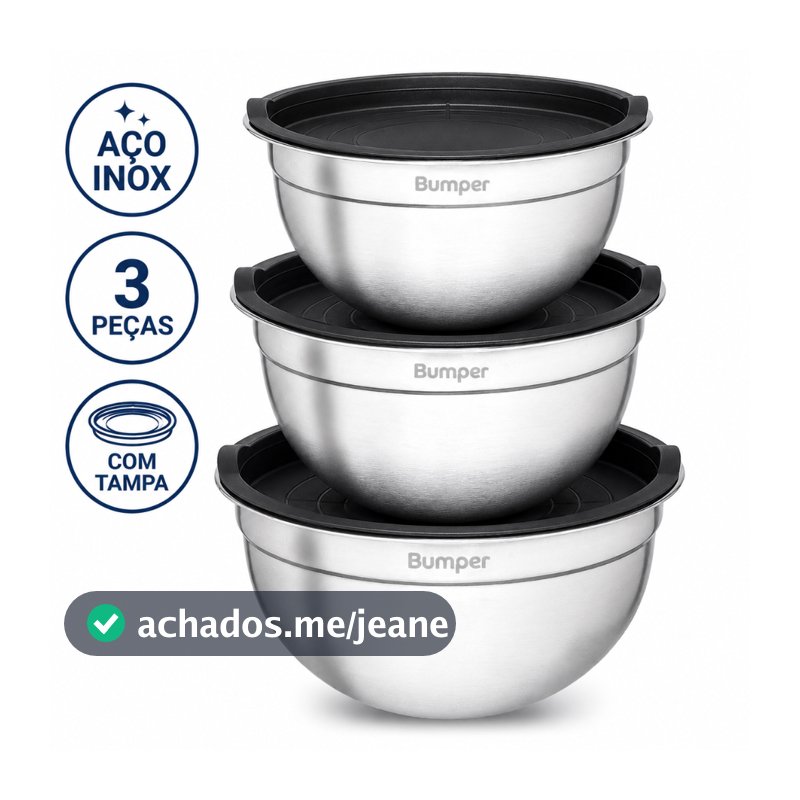 Kit 3 Bowls Inox com Tampa Bumper 1,4L 2L 2,6L Empilháveis Pote Tigela Multiuso