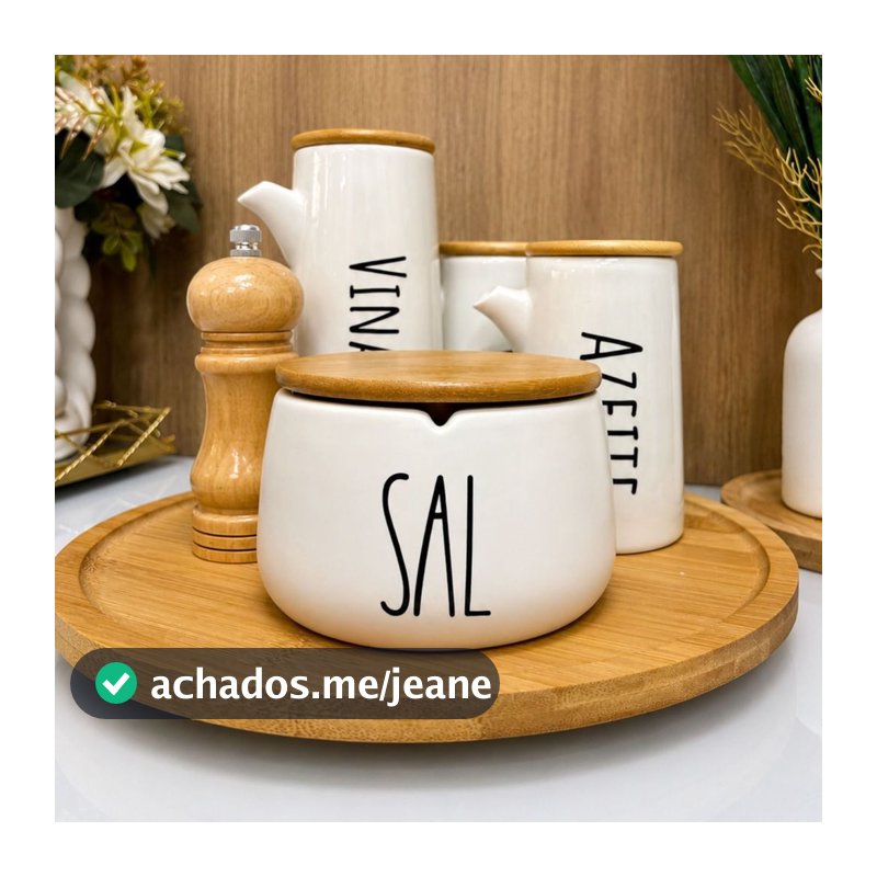 Saleiro em Cerâmica com Tampa de Bambu Minimalista