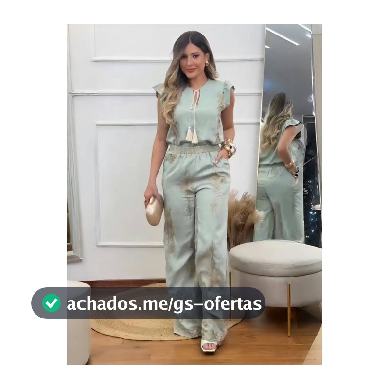 MODA LUA Conjunto Feminino: Top Bordado e Calças Largas 17-147