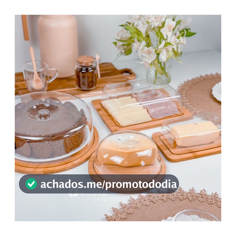 Kit Café da Manhã  4 peças Bambu: Boleira + Manteigueira + Porta Frios Bambu + Queijo