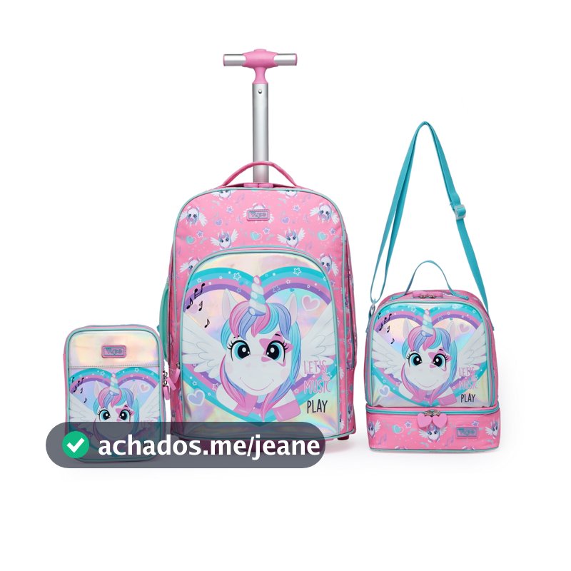 Kit Mochila Rodinha Lancheira Estojo Alças Removíveis Yupe Unicórnio