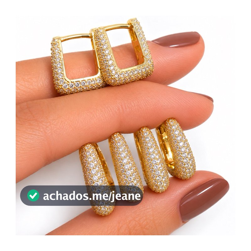Trio Brincos Argola Triângulo Cravejado Zircônia Banhado a Ouro 18k