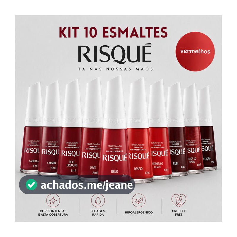 RISQUE Kit 10 Esmaltes Tons Vermelhos Clássicos Longa Duração Manicure Pedicure Atacado
