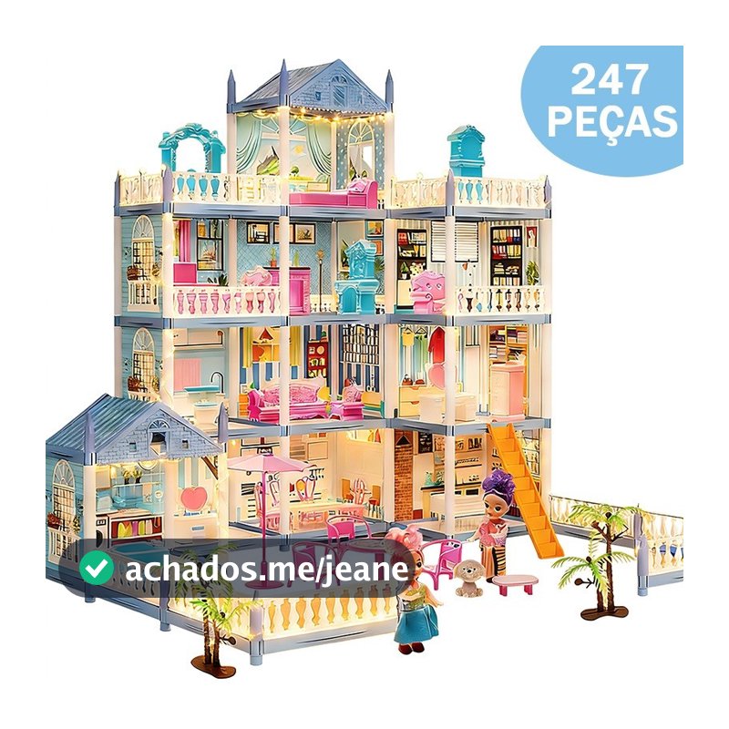 Casinha De Boneca Infantil Grande Com 4 Andares 14 Quartos Com LED Castelo Princesinha