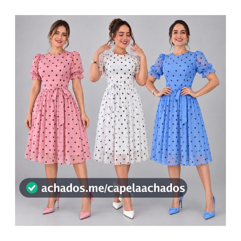 Promoção Vestido Midi Evangelico de Tule Lisso  E Estampa Poá Manga Princesa com Lazo Elegante Congresso