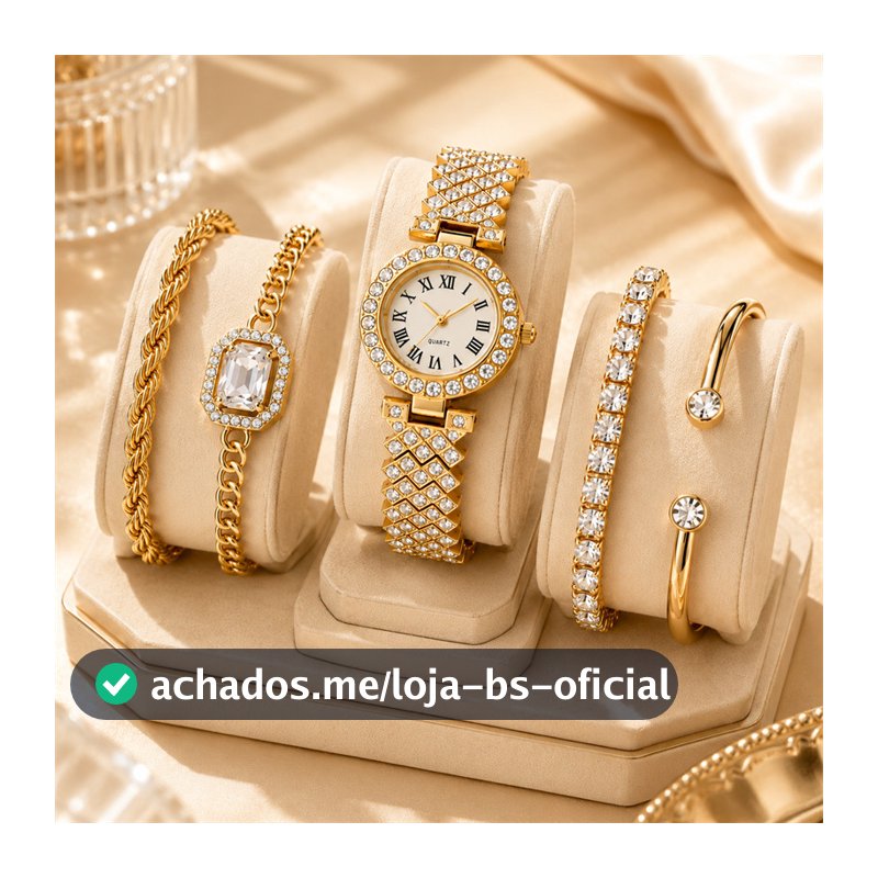 Kit Relógio Feminino com 4 Pulseiras Douradas 5 Peças Luxo