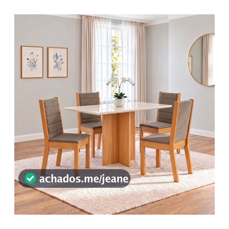 Conjunto Sala de Jantar Mesa Lana 120cm Tampo MDF Vidro Canto Reto 4 Cadeiras Evelin