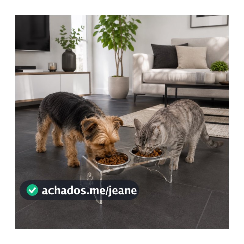 Comedouro e Bebedouro Elevado Pet Acrílico com Tigelas Inox Para Cachorro e Gato Pet