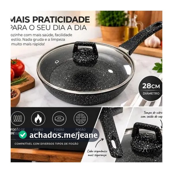 Frigideira Antiaderente Premium 28cm Indução e Gás com Tampa de Vidro Cozinha Sem Grudar
