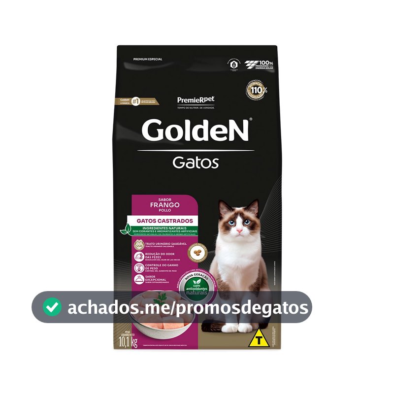 Ração Golden Gatos Adultos Castrados Sabor Frango 10,1kg