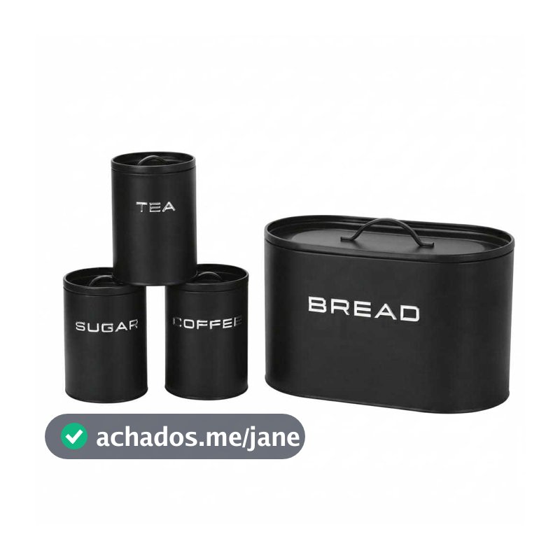 Jogo 4 Latas Organização Cozinha Inox Preto ou Creme Porta Pão E Mantimentos Condimentos Hermético Decoração Casa Luxo