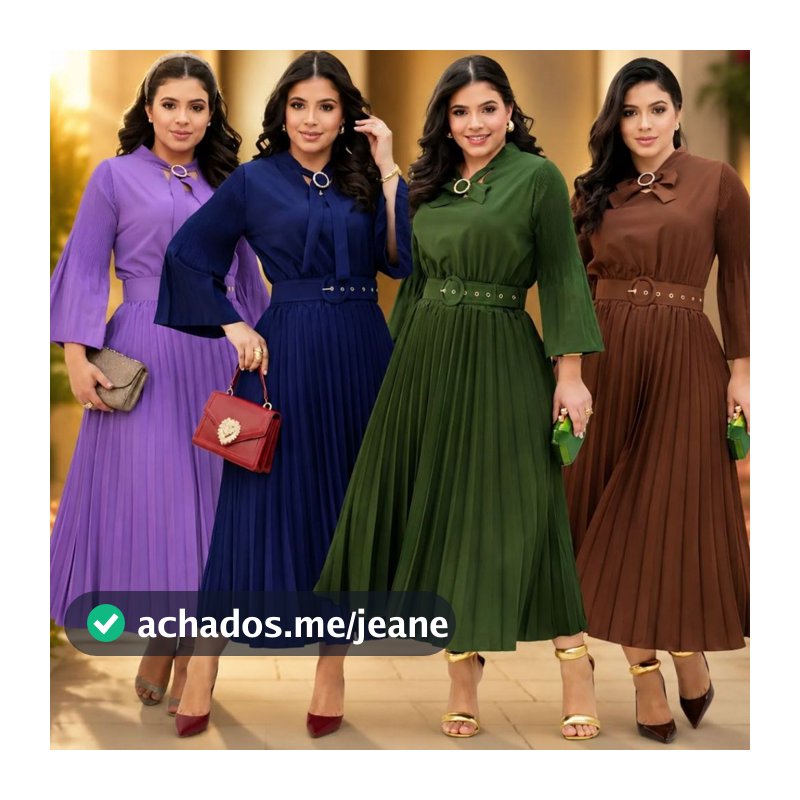 Vestido Mídi Evangélico Plissado Gola Laço Manga Longa Cinto Crepinho Elegante Fluido Confortável