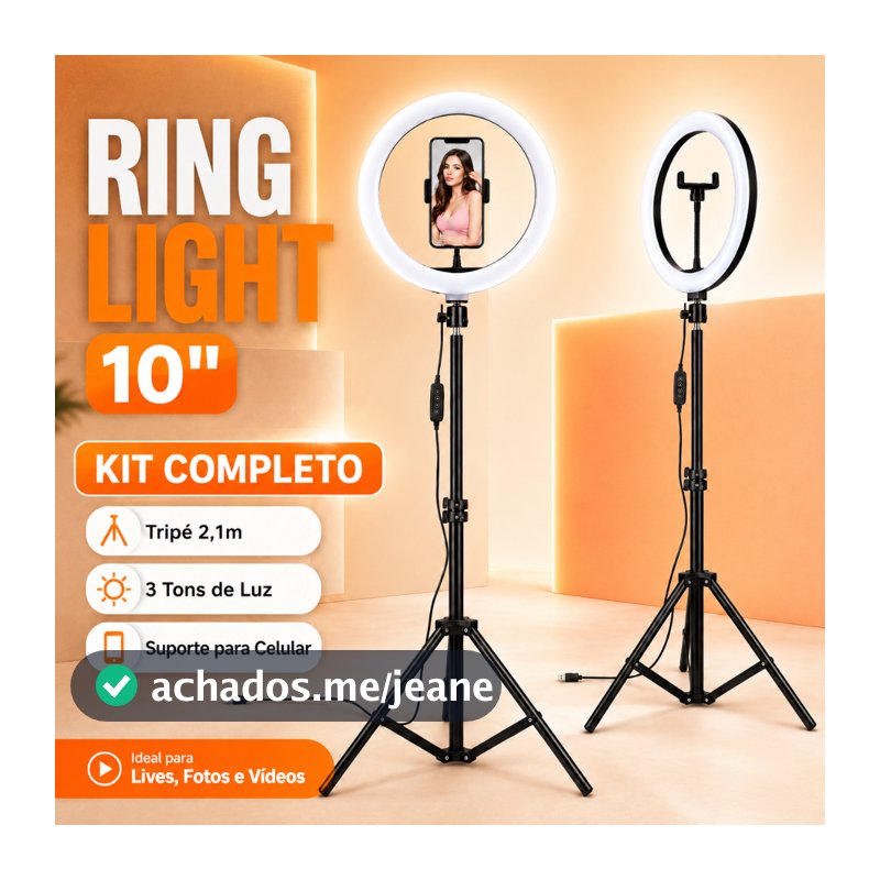 Ring Light 10 Polegadas 26cm com Tripé 2,10m Suporte para Celular 3 Tons de Luz USB para Lives Fotos e Vídeos