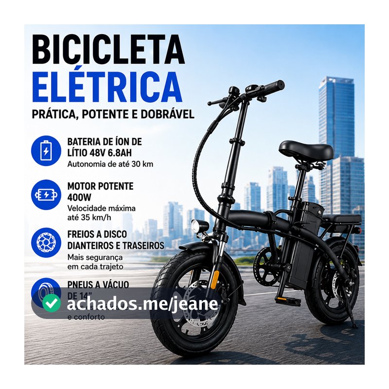 Bicicleta Elétrica Dobrável 400W 48V Bateria de Lítio Removível Até 35km/h Autonomia 30km Freio a Disco