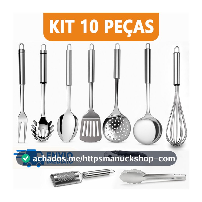 Kit 10 Utensílio para Cozinha Aço Inox Escumadeira Concha Colher Arroz Garfo Espátula Fue Pegador Ralador