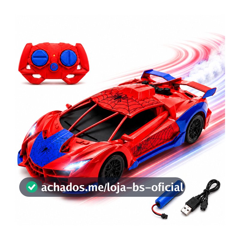 Carrinho de Controle Remoto Solta Fumaça Recarregável Luz Led Brinquedo Infantil Radical Homem Aranha Spider Kizumba