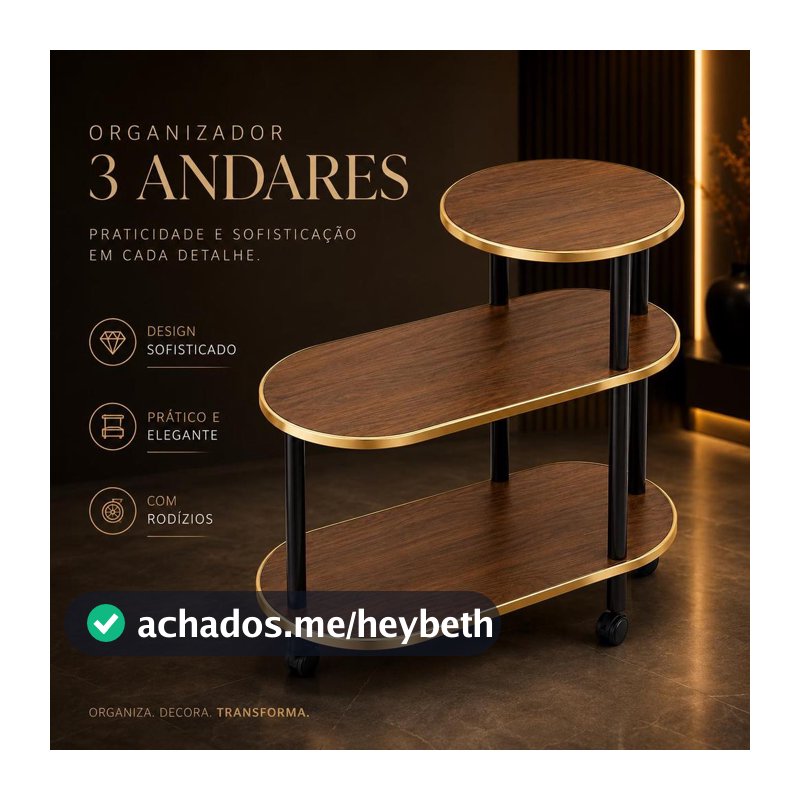 Mesa de Cabeceira 3 Andares em Madeira, Estante Organizadora com Rodinhas para Quarto Sala e Escritório