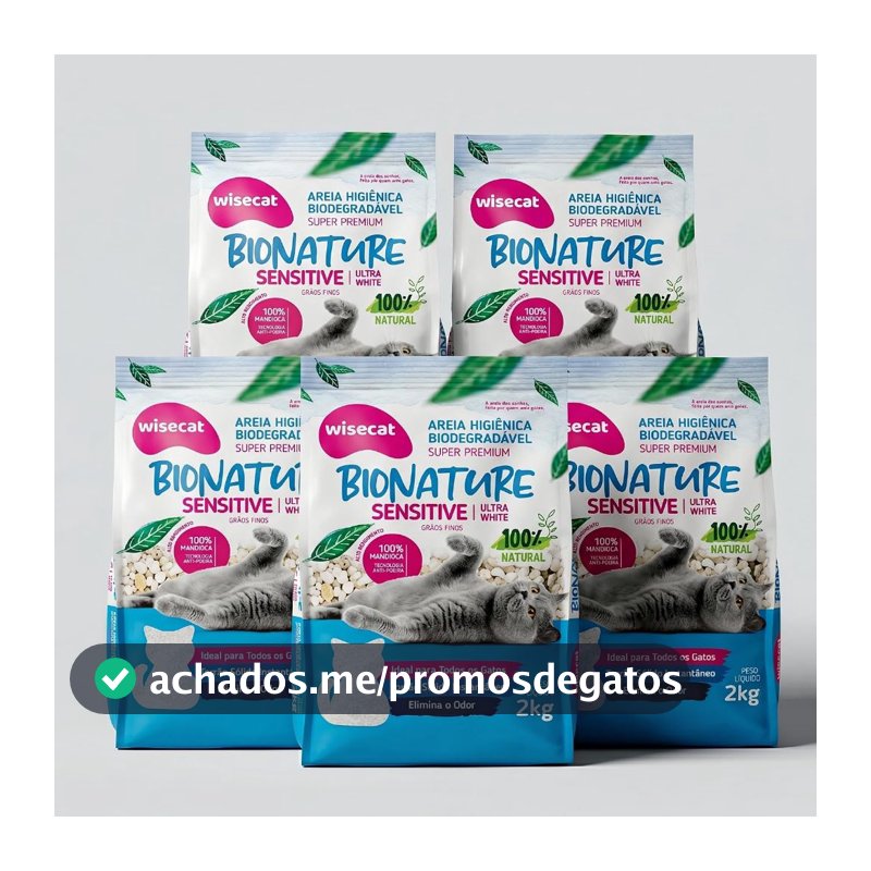 Kit 5 Unidades Areia De Mandioca Para Gatos Wisecat Bionature Sensitive Grãos Finos 2kg
