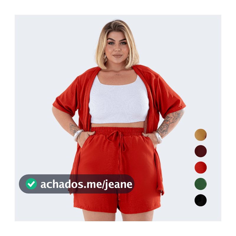 Conjunto Feminino Plus Size Kimono Cardigan e Short  Moda Casual