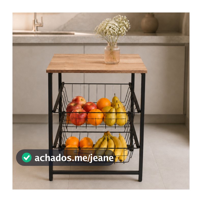 Fruteira De Chão e Bancada 2 Cestos Em Aço Cozinha Suporte Bebedouro Air Fryer MDF Amadeirado Multiuso