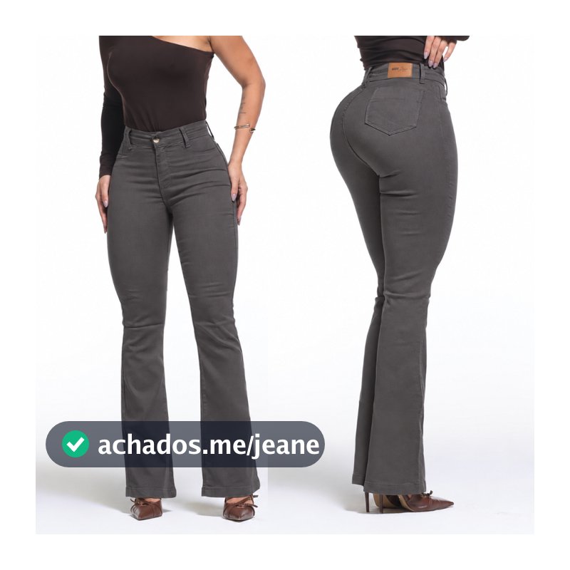 Calça Feminina Flare Pantalona Cinza grafite Escuro Jeans Premium Empina Bumbum Boca de Sino Cos Alto Com Elastano