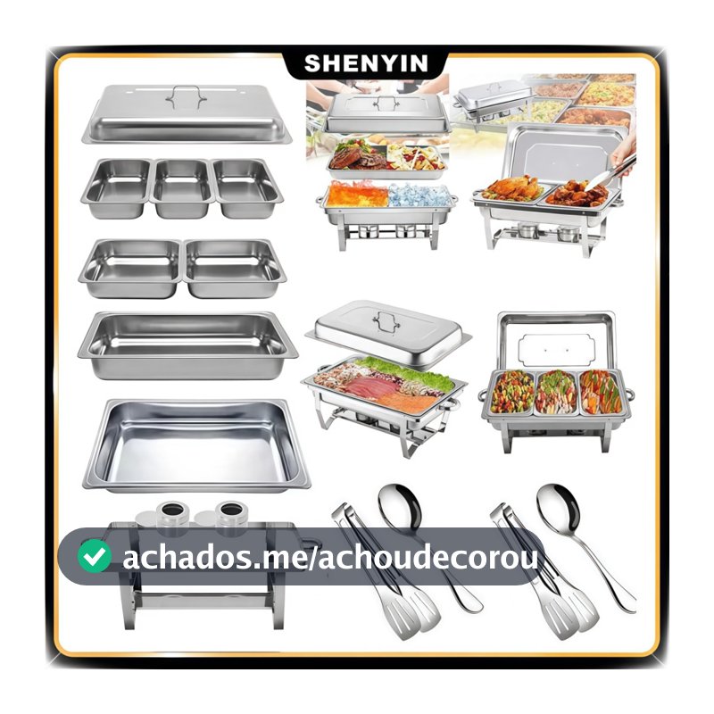 Rechaud Retangular Inox 33L  Kit Banho Maria Completo p 6 Peças (1+2+3) Buffets Grande