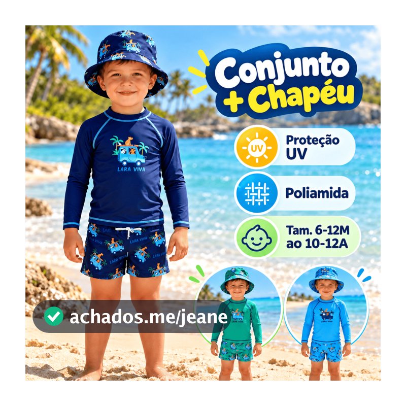 Conjunto e Chapéu Praia Infantil Menino Proteção UV Blusa Manga Longa Short Tamanho 3 meses a 12 anos